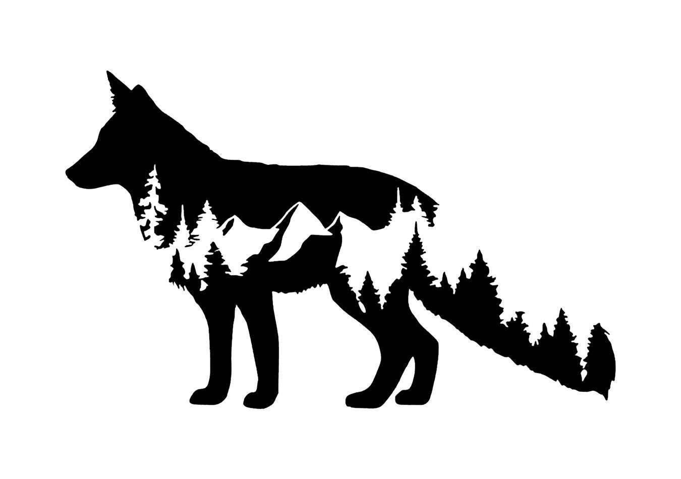Vinyl Decal for Window – Fox with Mountain Scape, Various Sizes & Colors