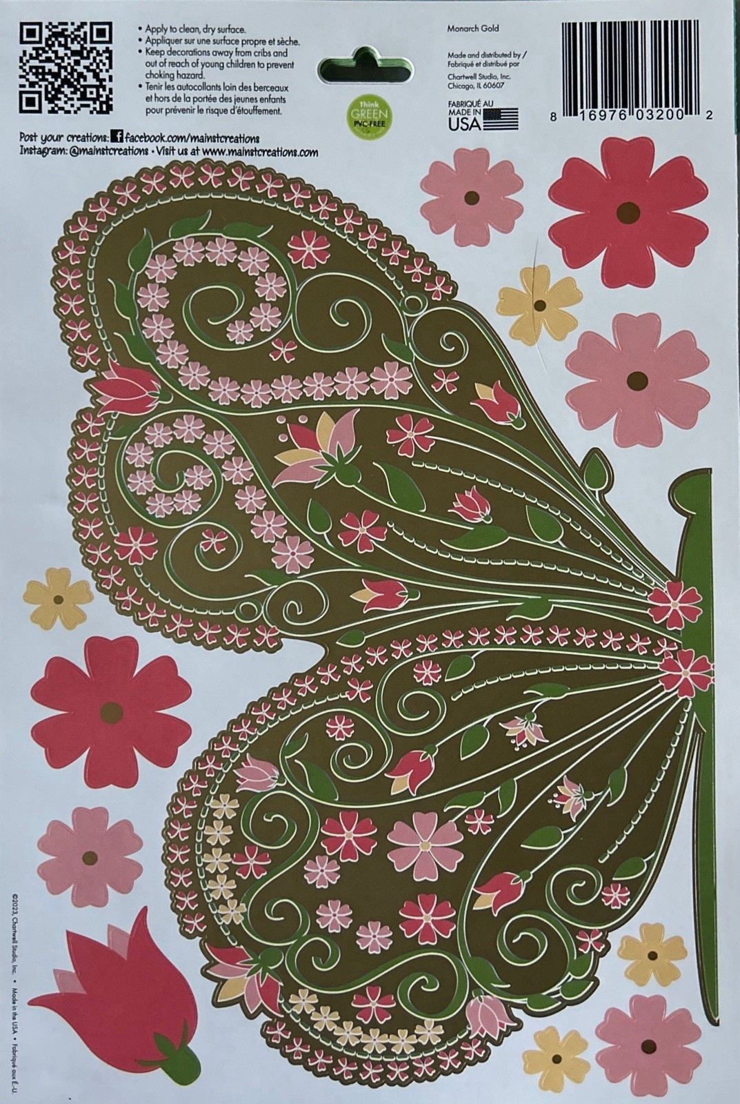 Main Street Wall Creations Removable Butterfly Floral Wall Sticker Monarch Gold