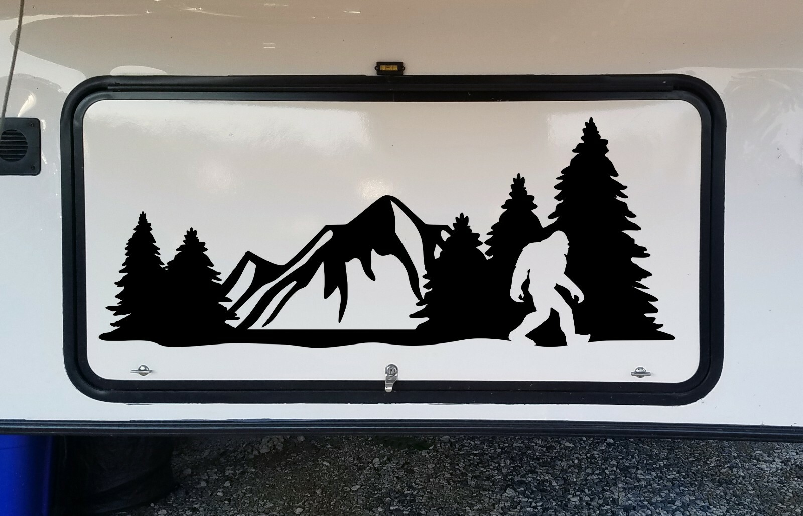 Bigfoot Mountains Forest Scene Vinyl Decal V14 – Sasquatch RV Graphics Camping