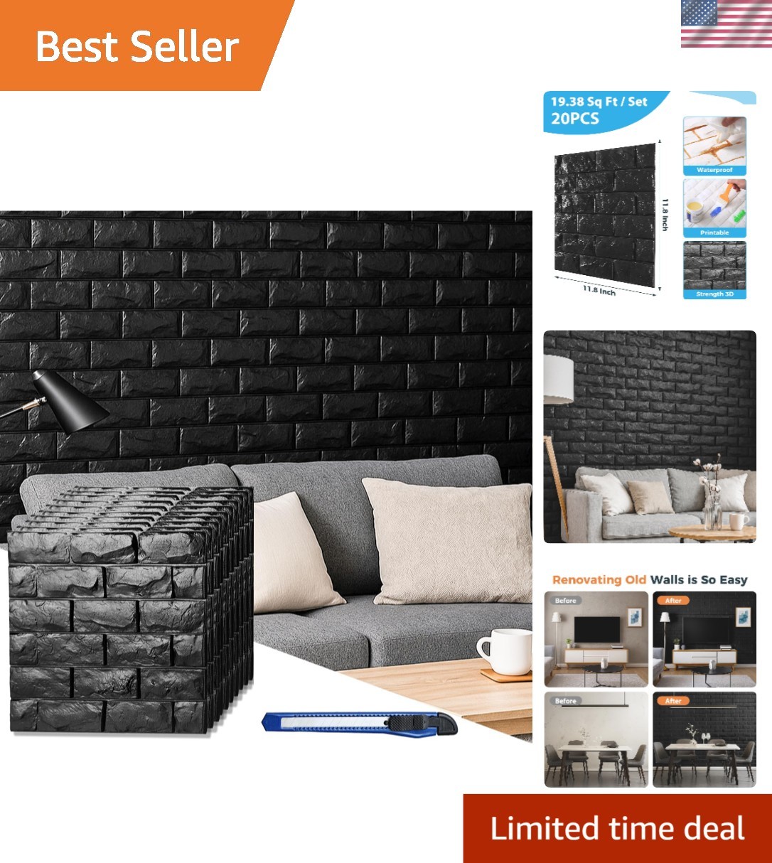Stylish 20 Pcs Black 3D Wall Panels – Self Adhesive for Effortless Home Decor