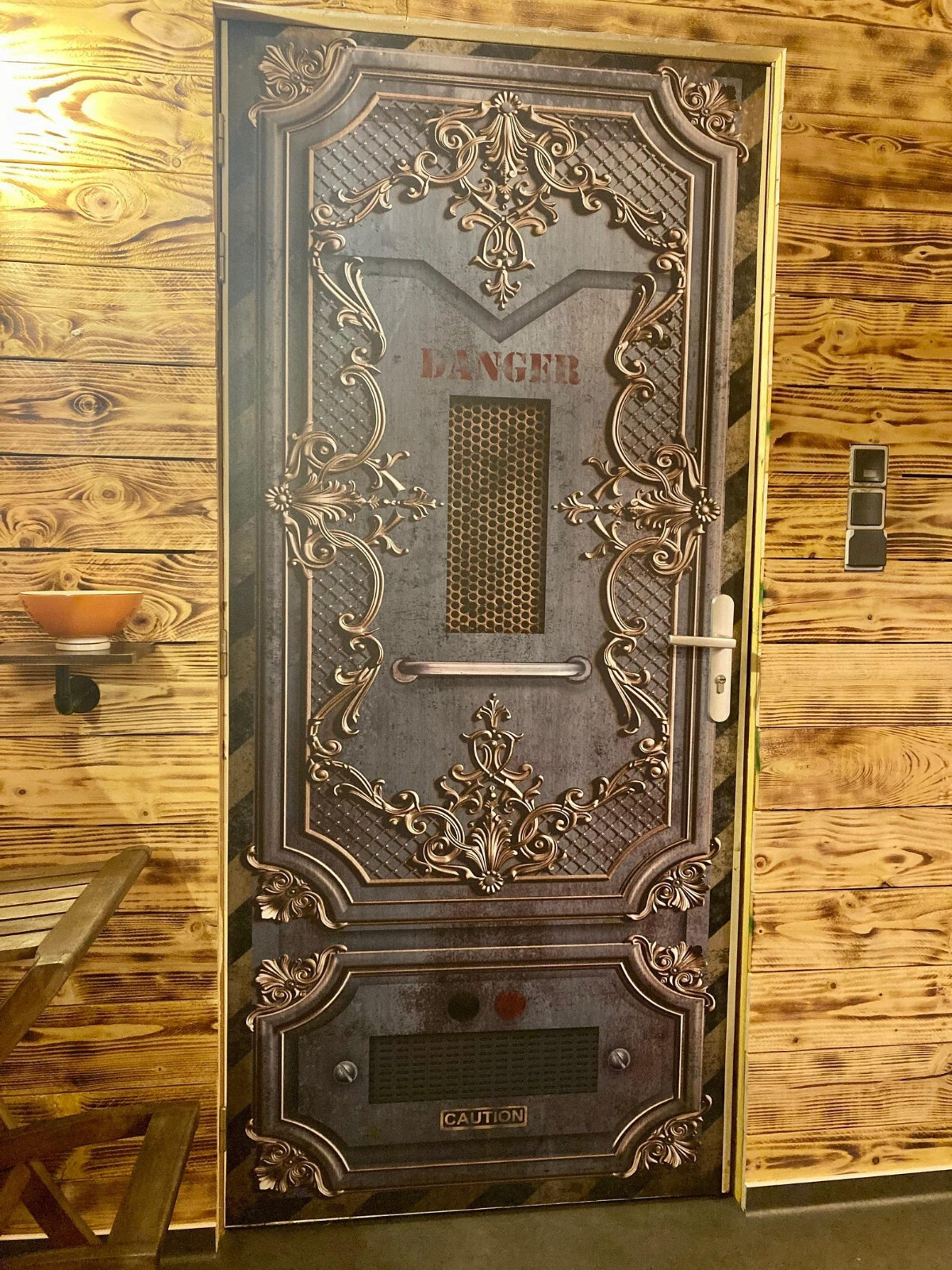 Steampunk Door Mural, Crazy Sticker, Futuristic Grunge Rusty + Golden Patterns