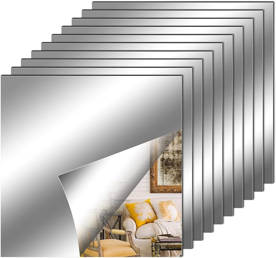 10 Pieces Flexible Mirror Sheets, Self Adhesive Decorative Plastic Mirror Tiles