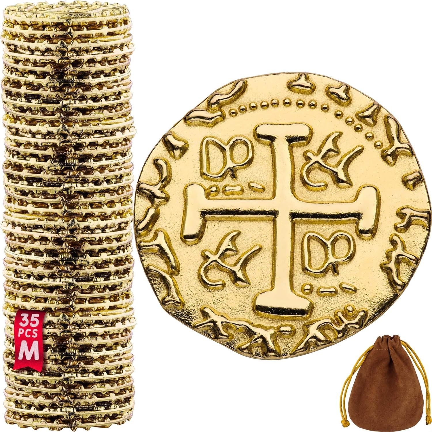 Leib Games Metal Pirate Coins – 35 Gold Treasure Coin Set, 35 Pcs,
