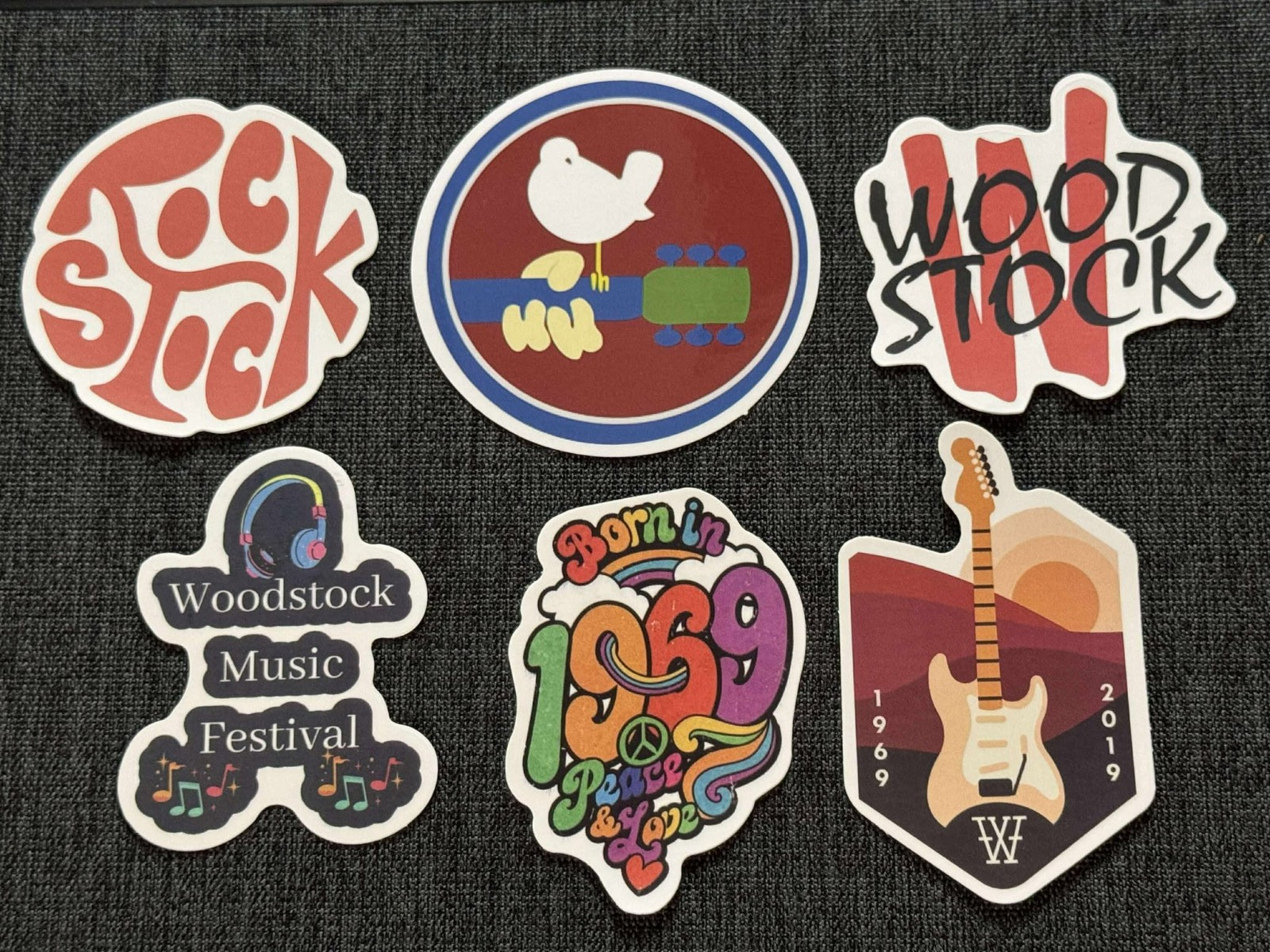 Lot of (6) WOODSTOCK Festival 1 5/8″ to 2 3/4″ Logo STICKERS Fast! FREE SHIP!