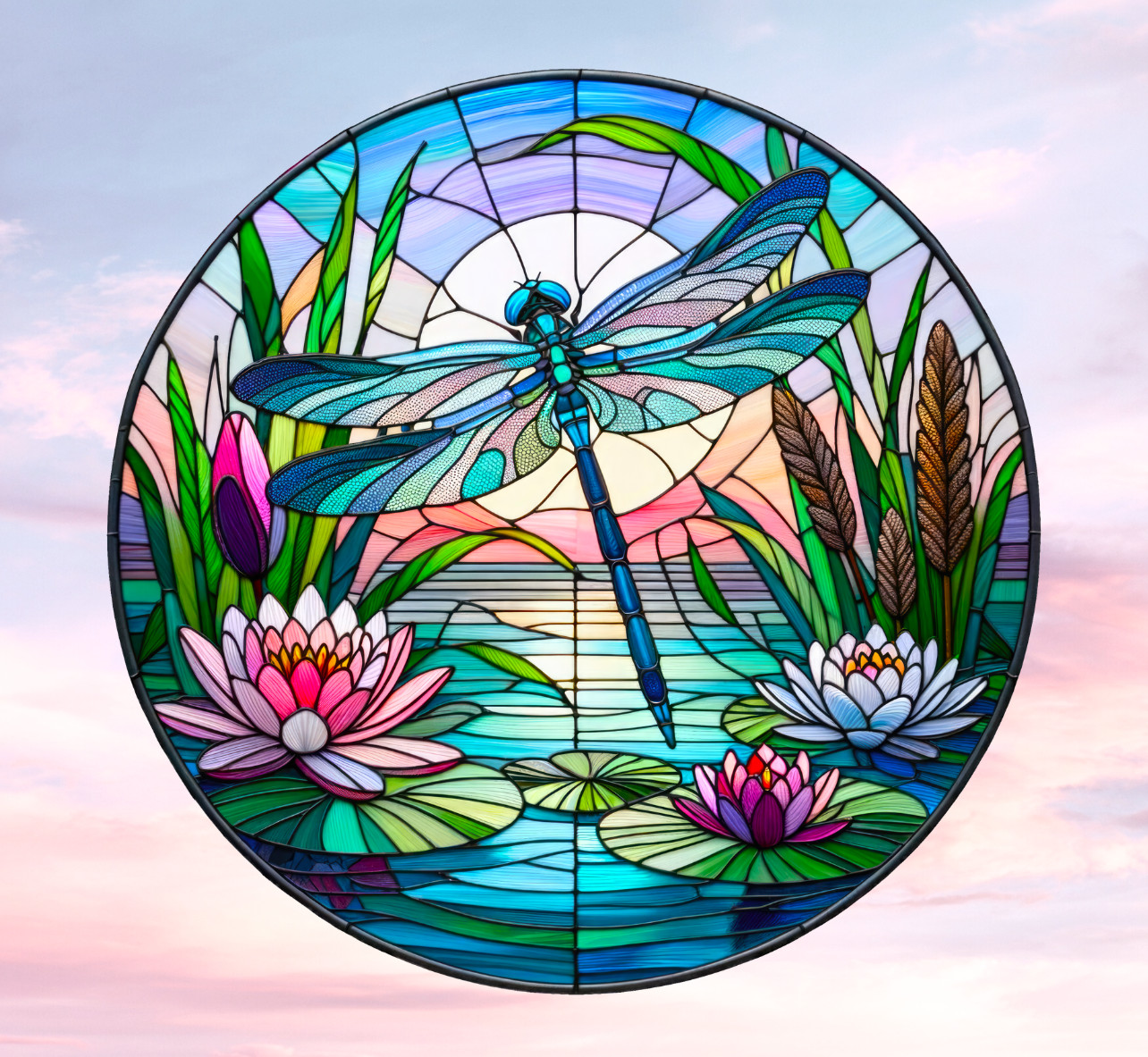 Dragonfly Water Lily Faux Stained-Glass WINDOW CLING Sun-catcher Size 8″ Round