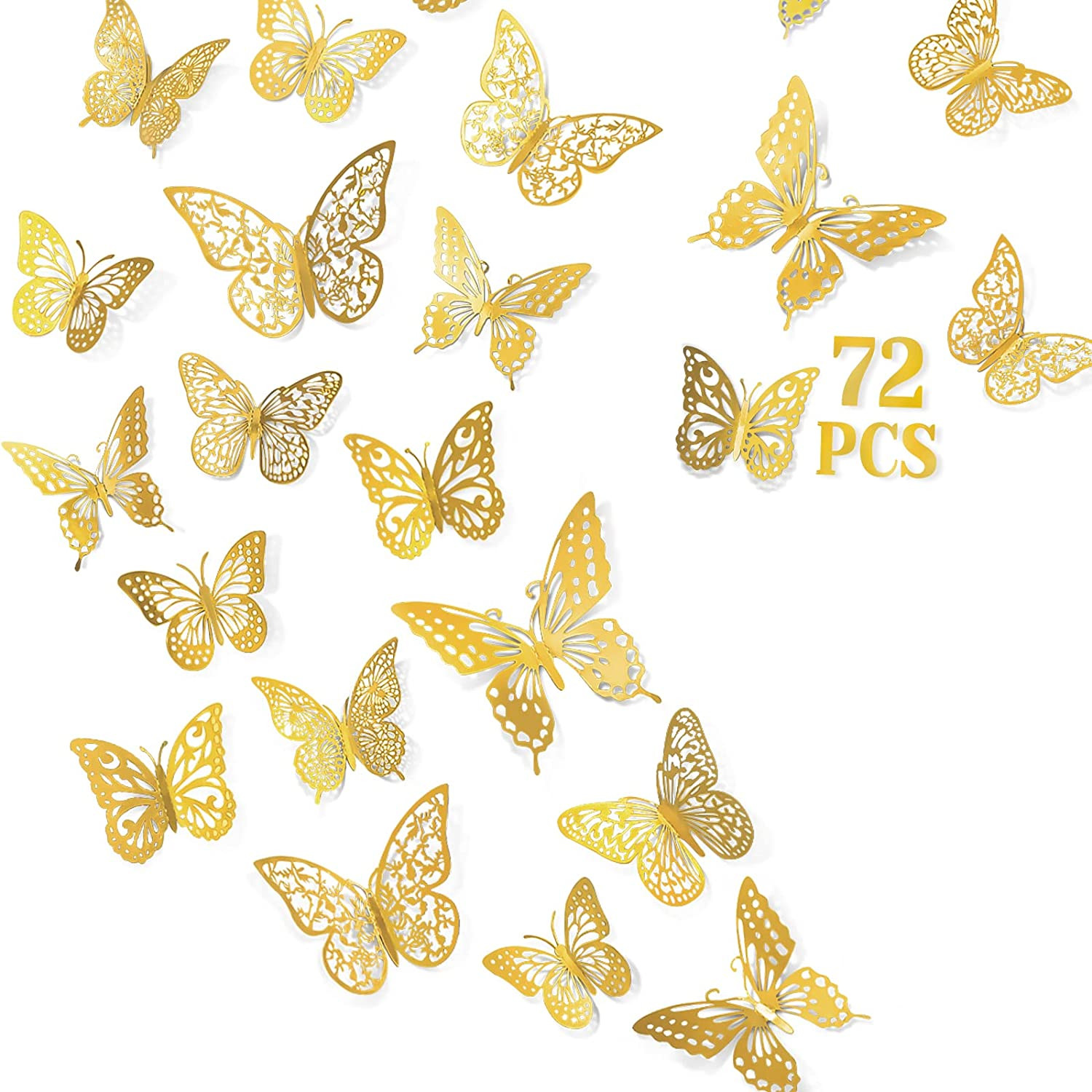 72 Pcs Butterfly Wall Decor Stickers, 6 Styles Gold Butterfly Decorations 3 Size