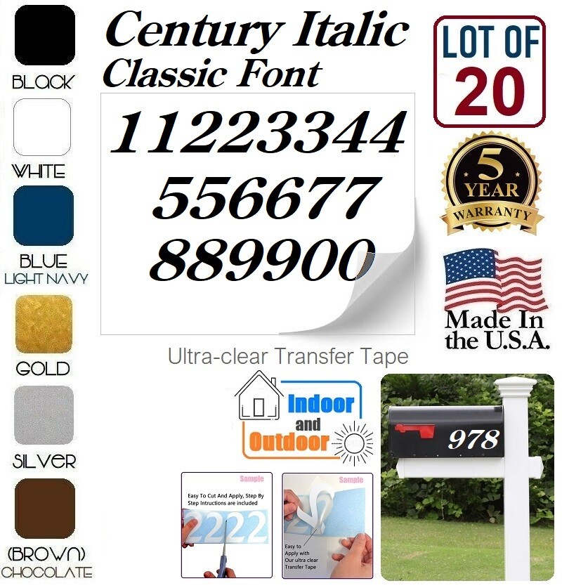 Mailbox Address Numbers Decal Sticker Window Door Wall Sign, CENTURY ITALIC
