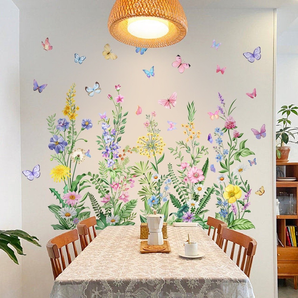 Whimsical Nature Wall Decals Wildflowers Butterflies 47.2 x 35.4 in Size
