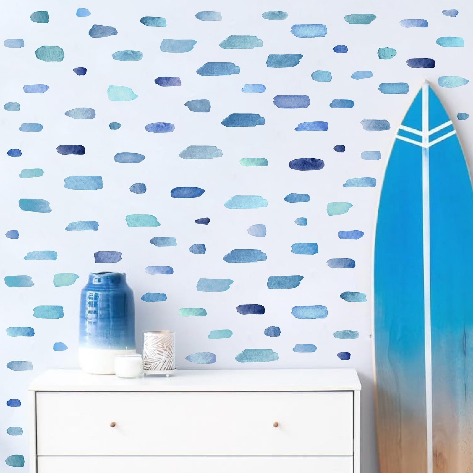 Boho Watercolor Wall Stickers – Removable Blue Stripes Decals for Kids’ Room, Nu