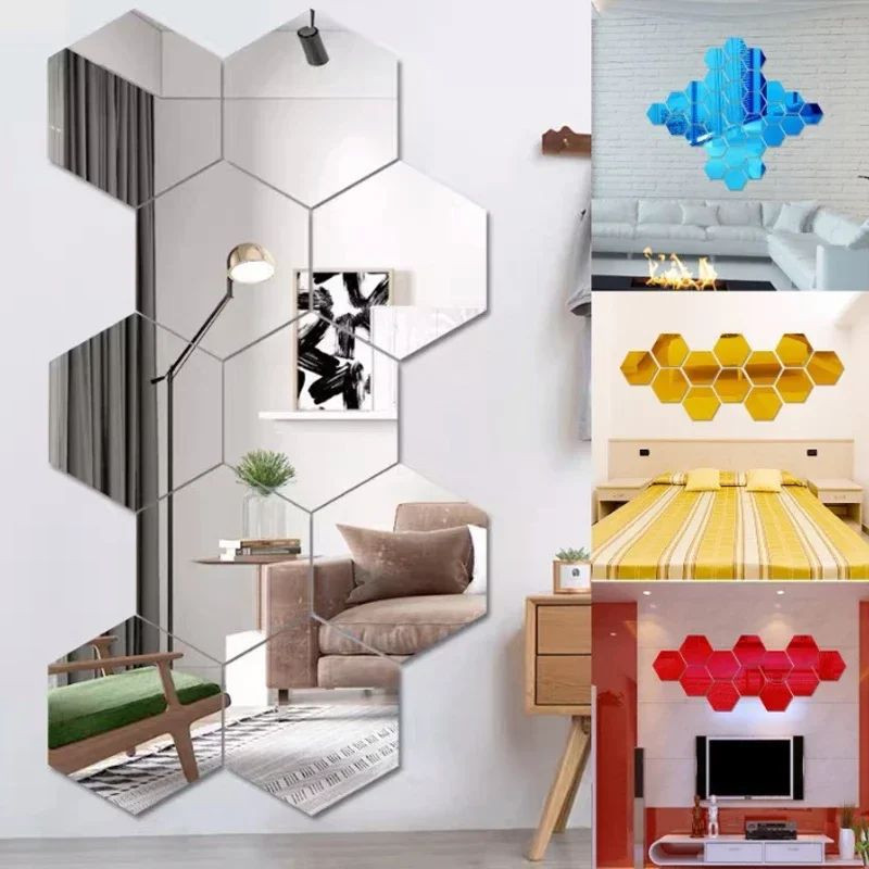 12pcs Hexagon Acrylic 3D Mirror Wall Sticker Home Decor Self-adhesive Mirror