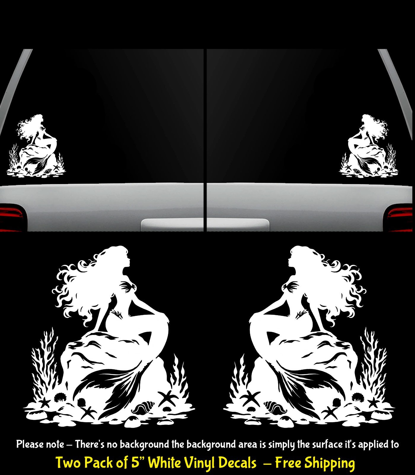 Mermaid on a Rock Aquatic Life Two 5″ White Vinyl Decals Window Any Flat Surface