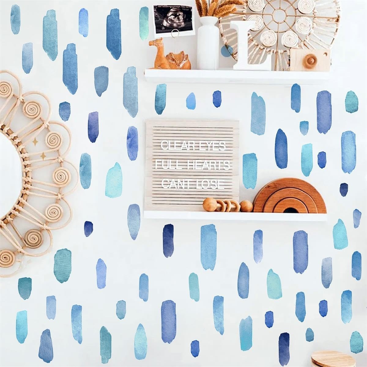 Boho Watercolor Wall Stickers – Removable Blue Stripes Decals for Kids’ Room, Nu