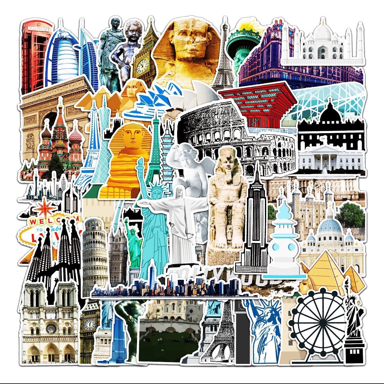 64 PCS World Landmark Stickers Architecture Decals Laptop Yeti Car Free Shipping