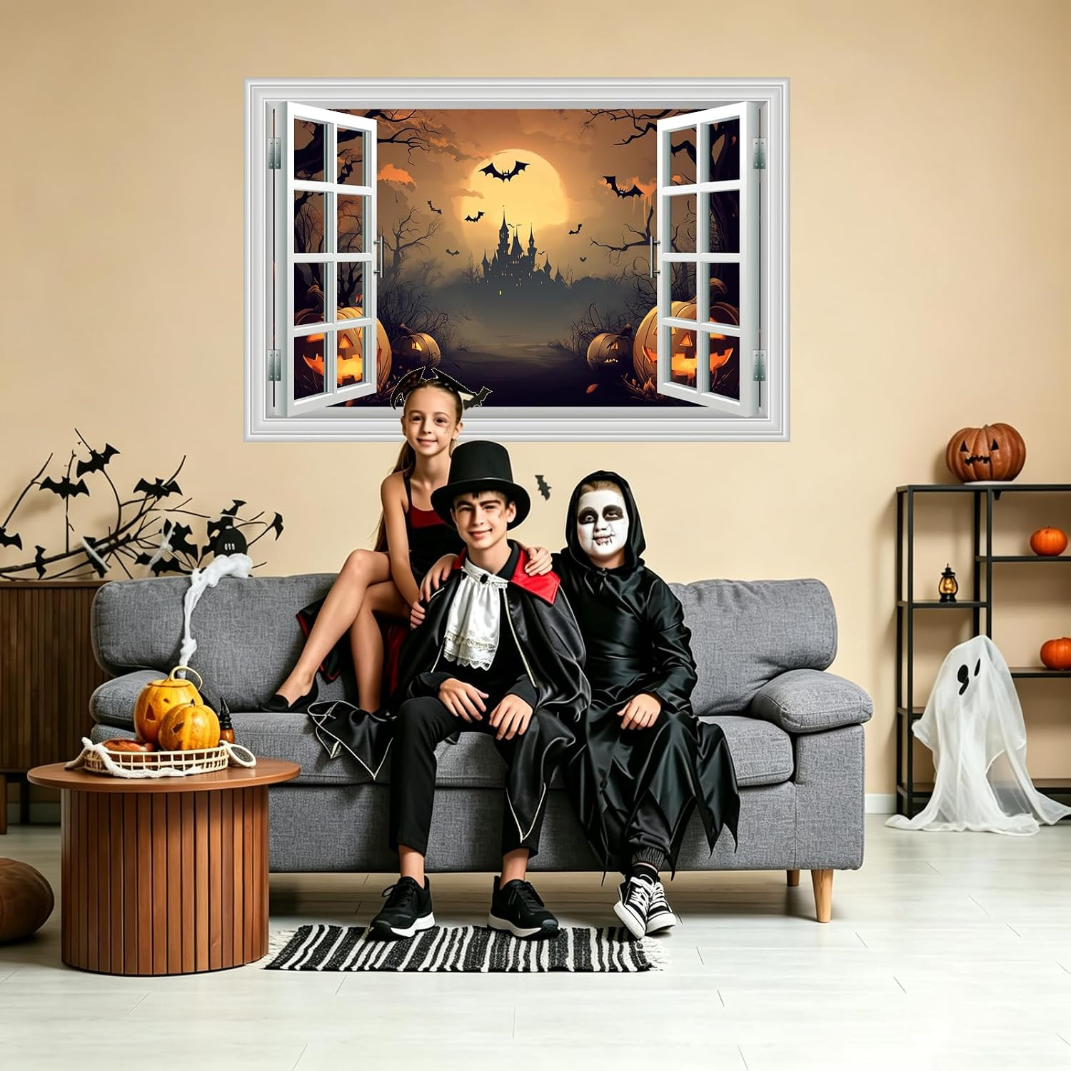 Halloween Decorations Fake Window Wall Decals，Full Moon Night View Terror Castle