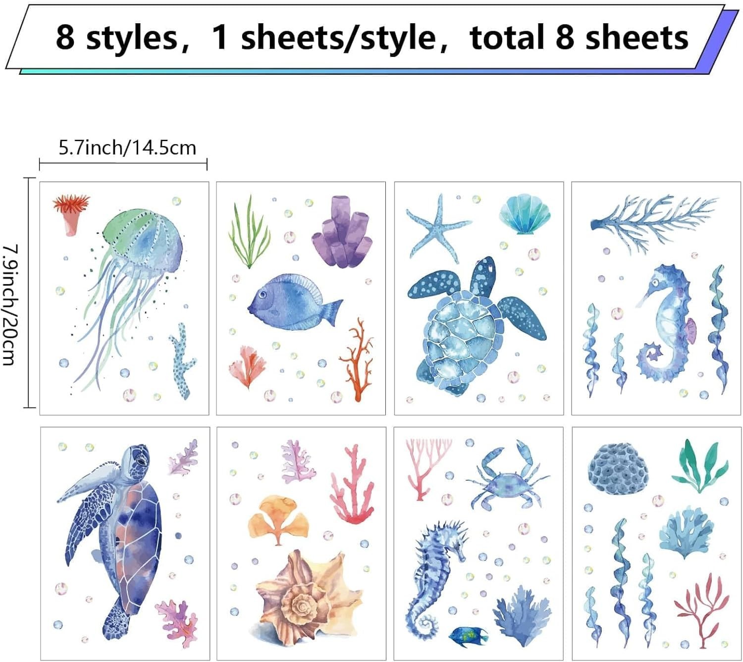 8 Sheets Sea Life Window Decals Stickers Ocean Turtle Seahorse Jellyfish Star…