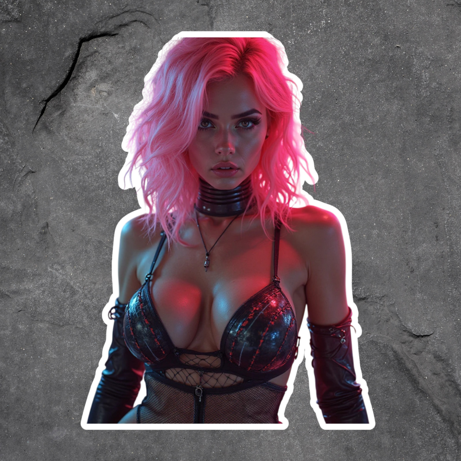 Pinup girl sticker vinyl decal cyberpunk girl with pink hair leather lingerie