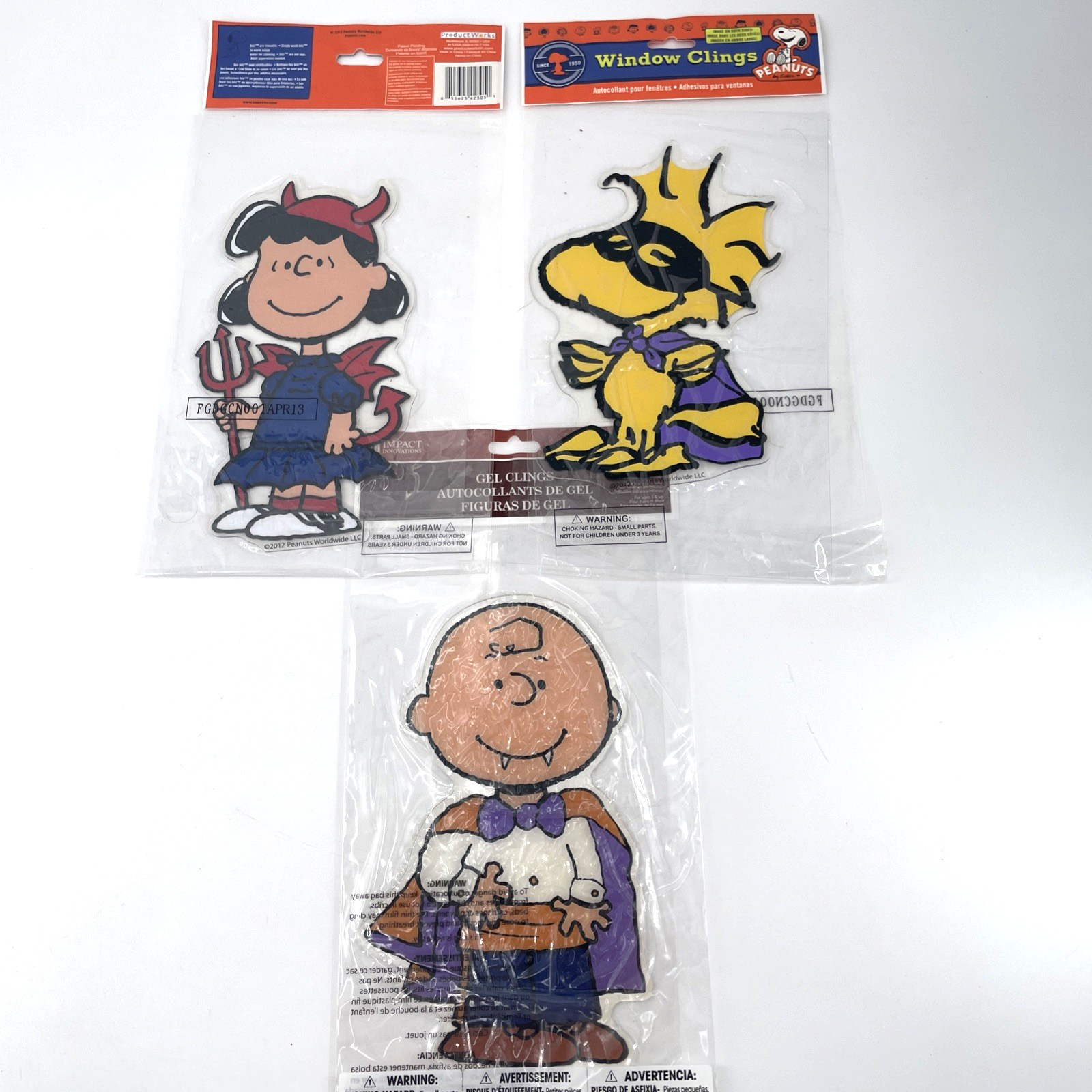 3 Halloween Peanuts Window Clings Charlie Brown Woodstock Lucy 2 Sided 8 x 4 in