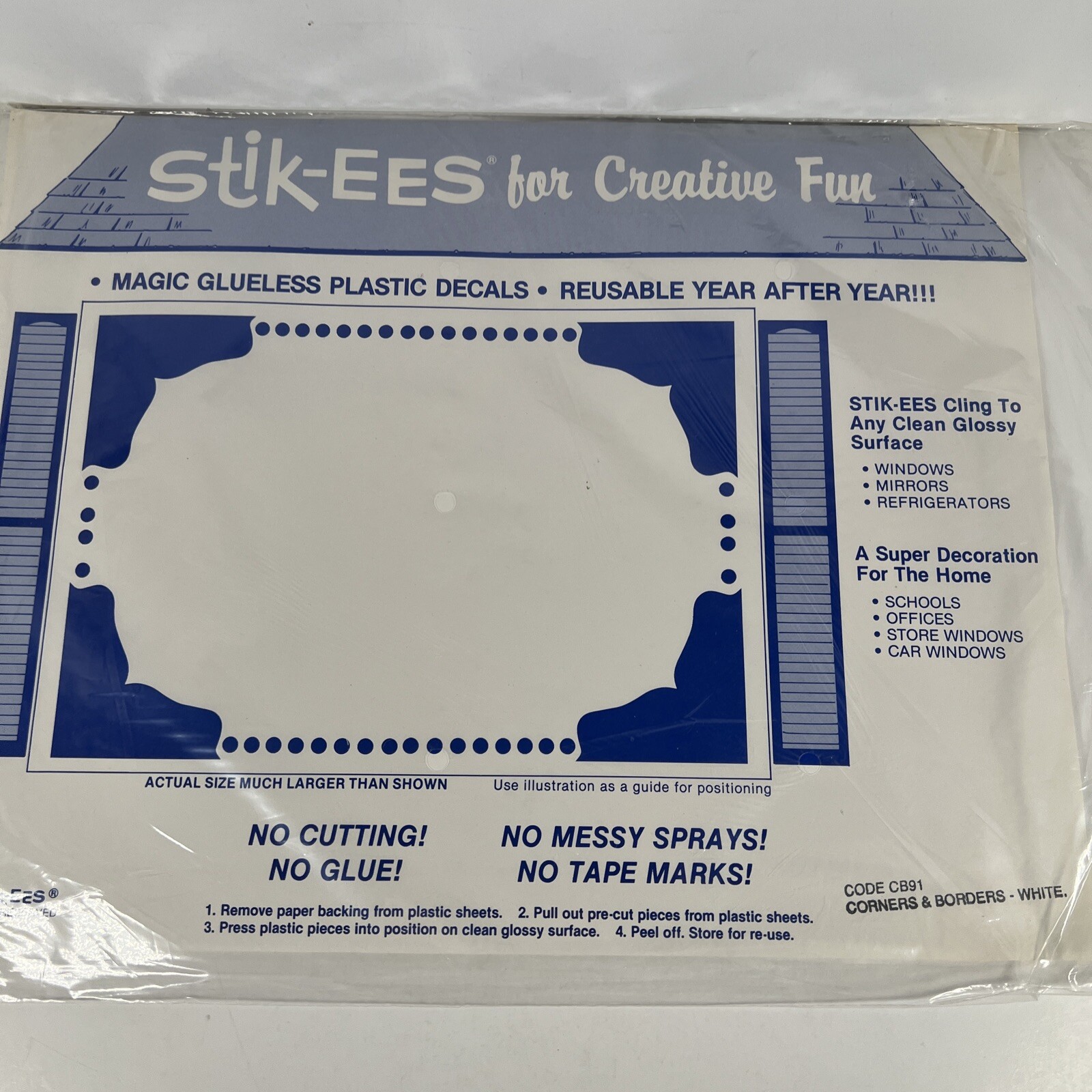 Stik-EES White Corners & Borders 1990 Vtg. Vinyl Decals Window Decor Clings NEW