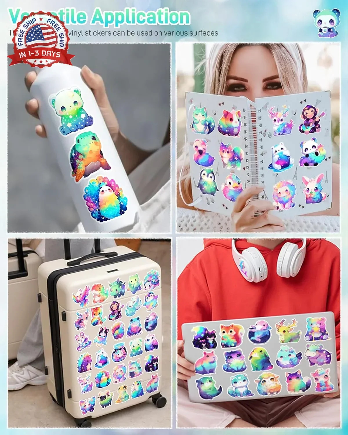 100 Pcs Cute Rainbow Animal Stickers Pack for Kids Girls Teens, Kawaii Waterproo