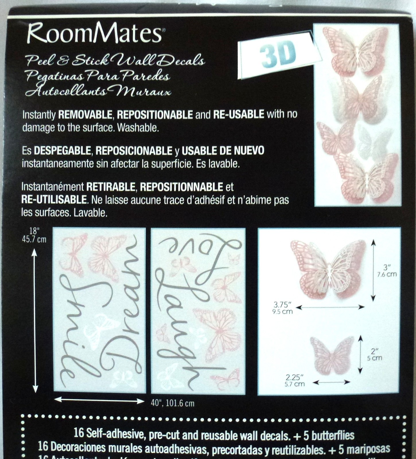 Roommates Butterfly Dream Peel & Stick Wall Decals 5 3D + Self-Adhesive Pre-cut