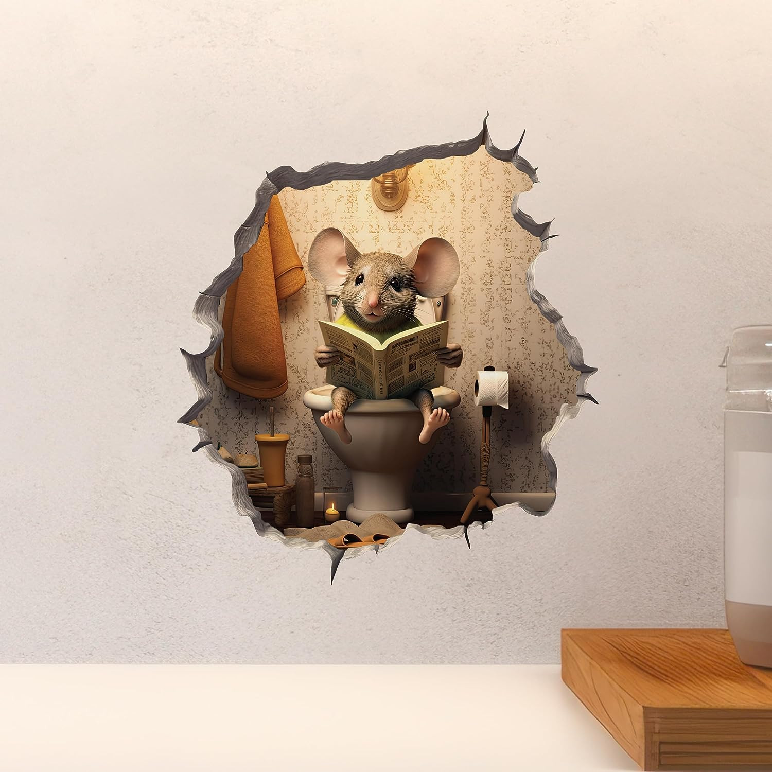Mouse Sitting on Toilet in Mouse Hole Decal – Mouse Hole 3D Wall Sticker