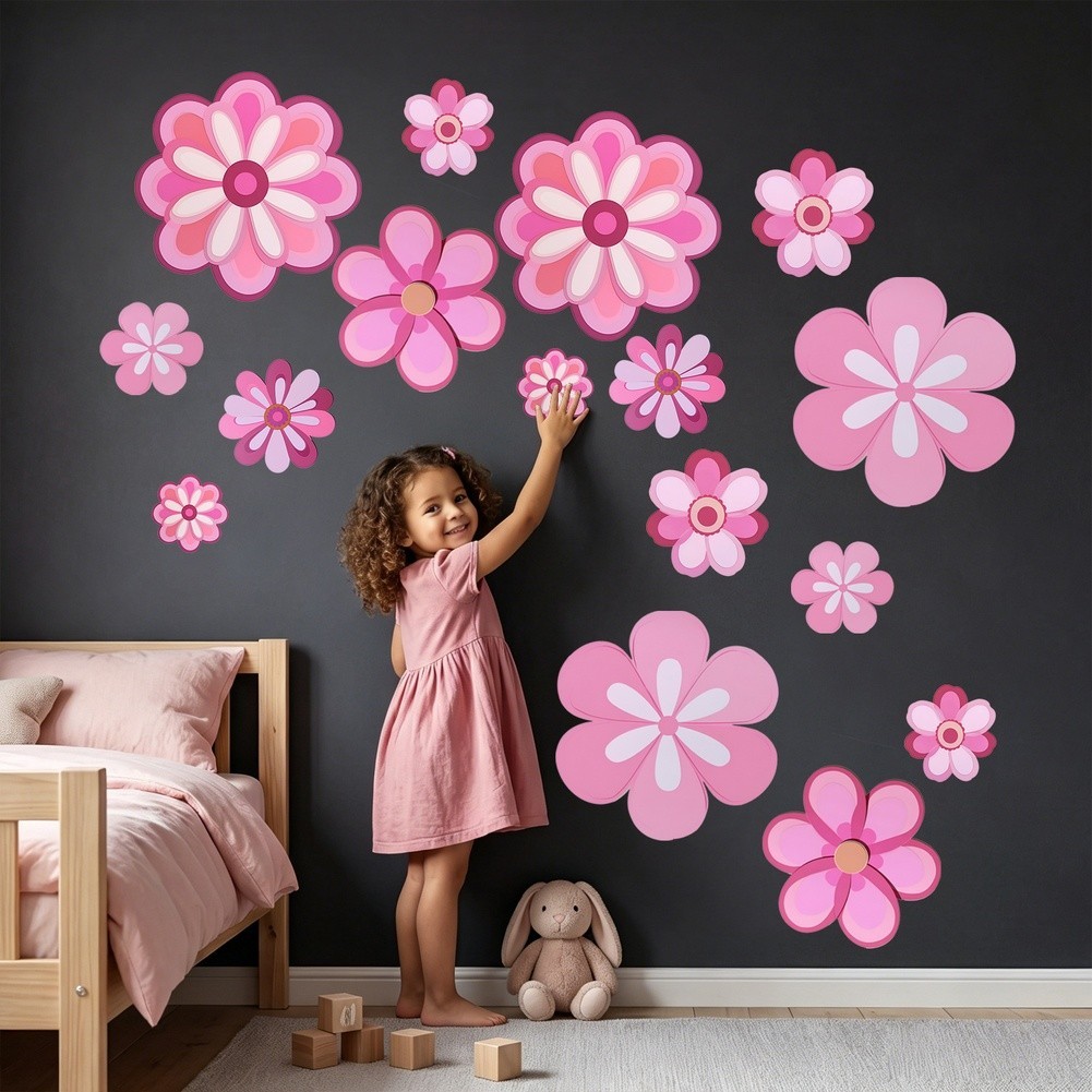 Pink Flower Wall Stickers 16pcs Waterproof Vinyl Decals for Nursery Bedroom