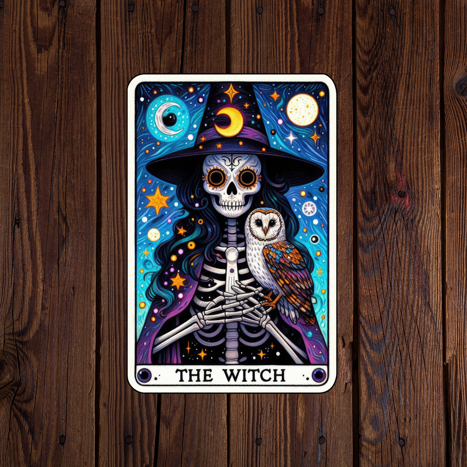 Tarot card sticker vinyl decal the witch skeleton owl moon stars sky novelty mug