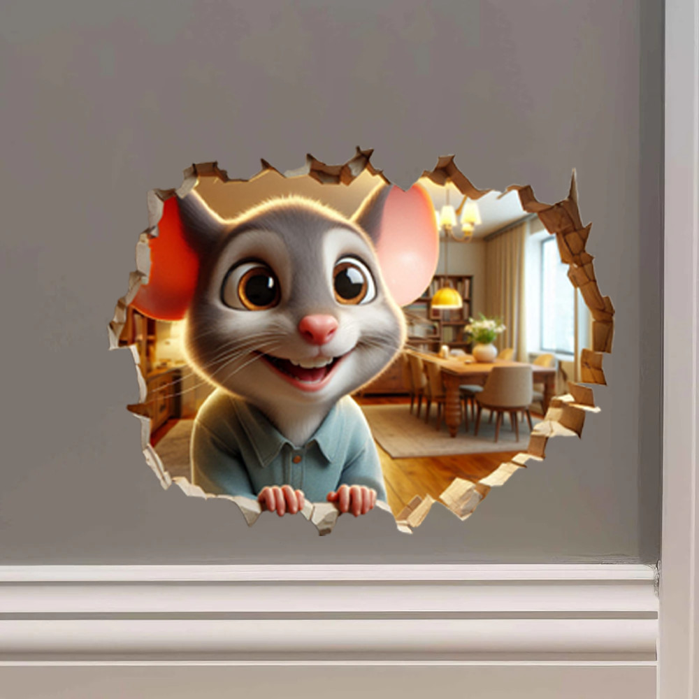 Mouse in Wall Hole Decal – Realistic Tiny Mouse Resident Wall Sticker (5-Inch)