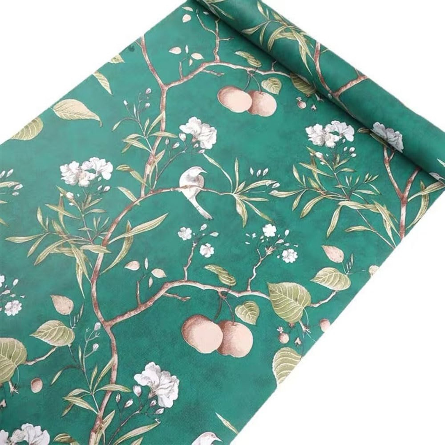 ZAMNEA Peach Tree Peel and Stick Shelf Liner Paper, Green Background White Fl…
