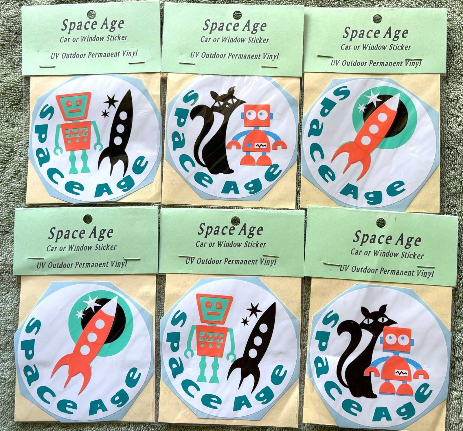 6 SPACE AGE Mid Century Style CAR or WINDOW Stickers (Paradise, CA) ROBOTS CATS