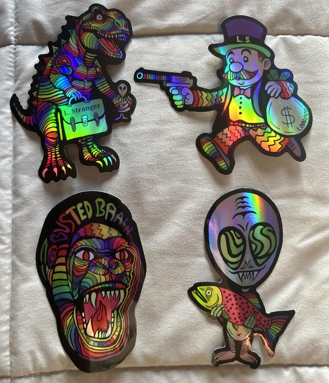 Dinosaur Busted Brain Monopoly Alien Rainbow Trout Fish Sticker Shinny New 5’