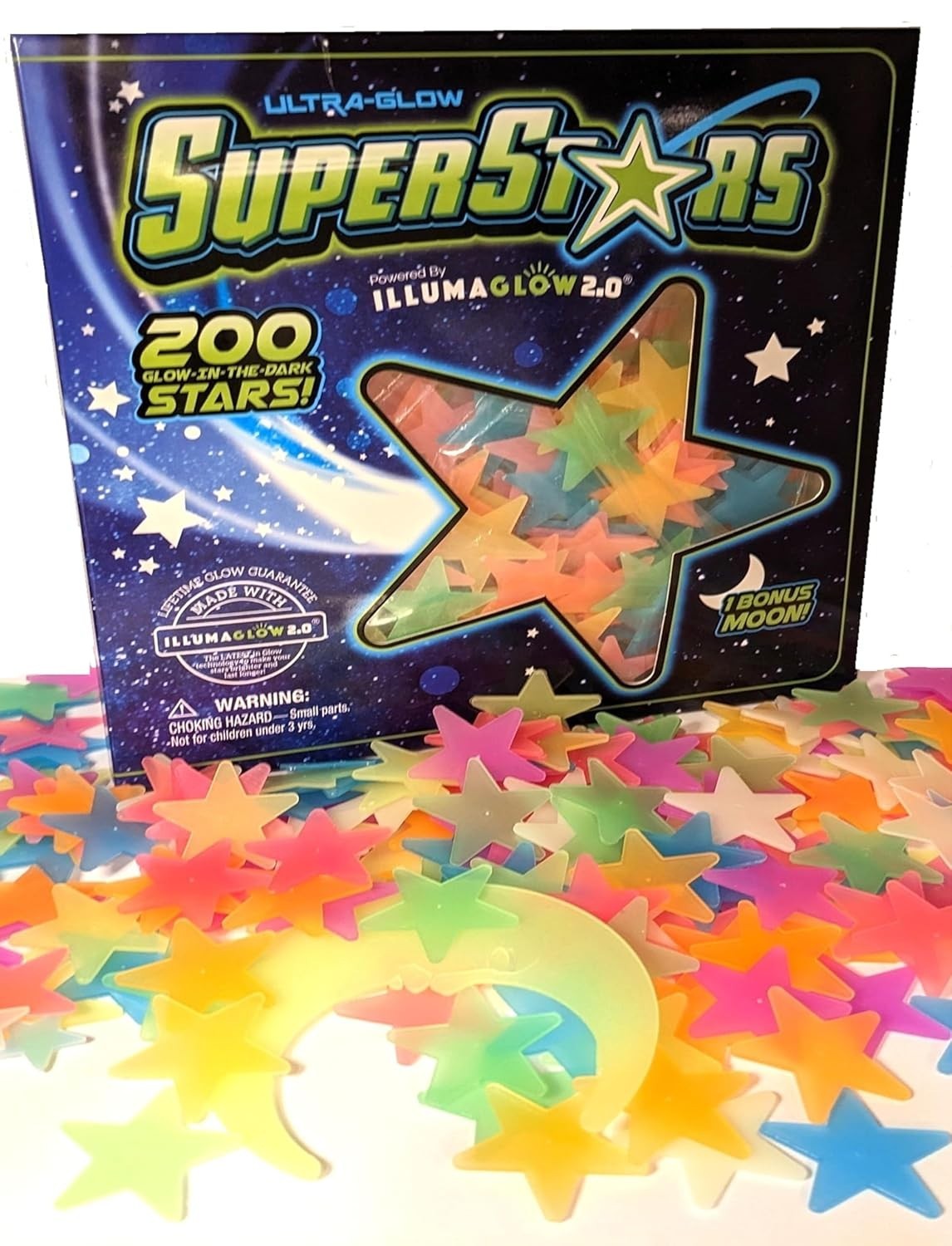 Multi-Colored Glow Stars Set – 200 Room Stickers with Bonus Moon for Kids’ Décor