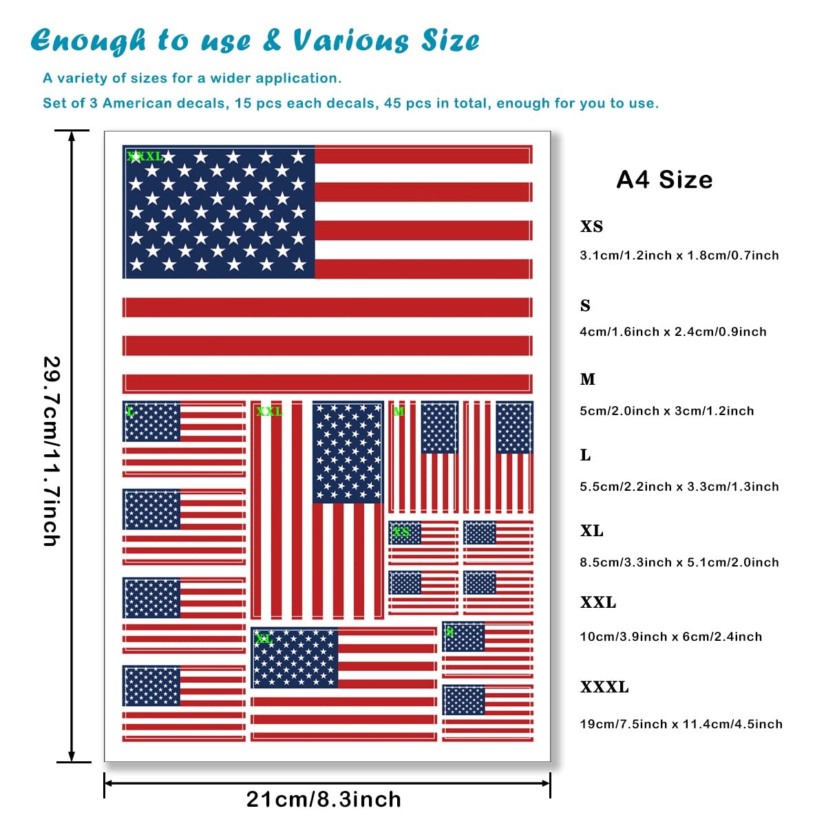 US American Flag Sticker USA Decal in Multiple Sizes, 3 Pack, 11.7 x 8.3 Inches