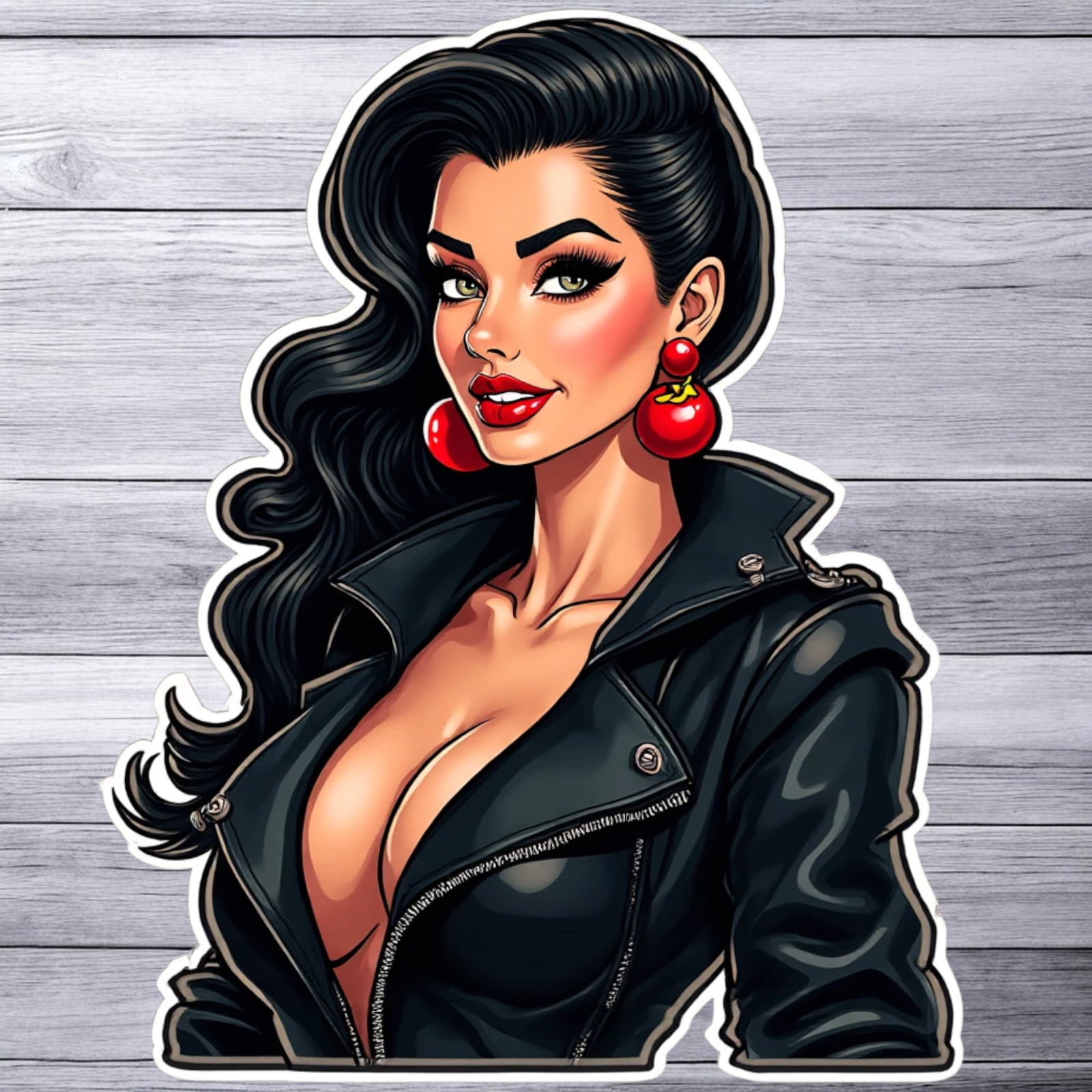 Pinup girl sticker vinyl decal cherry earrings black hair in leather jacket art