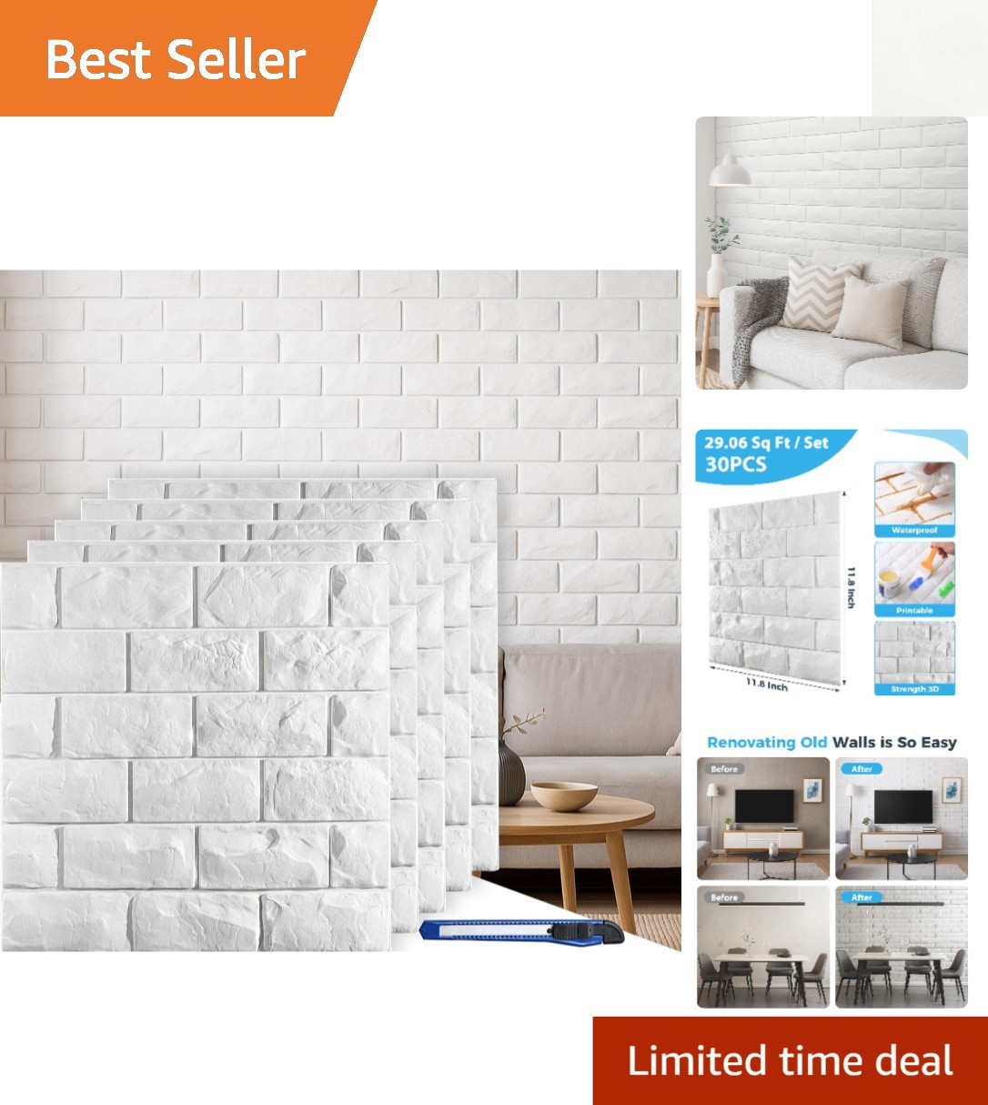 Transform Your Home with 30 Printable 3D White Brick Wall Panels – 29.07 sq ft