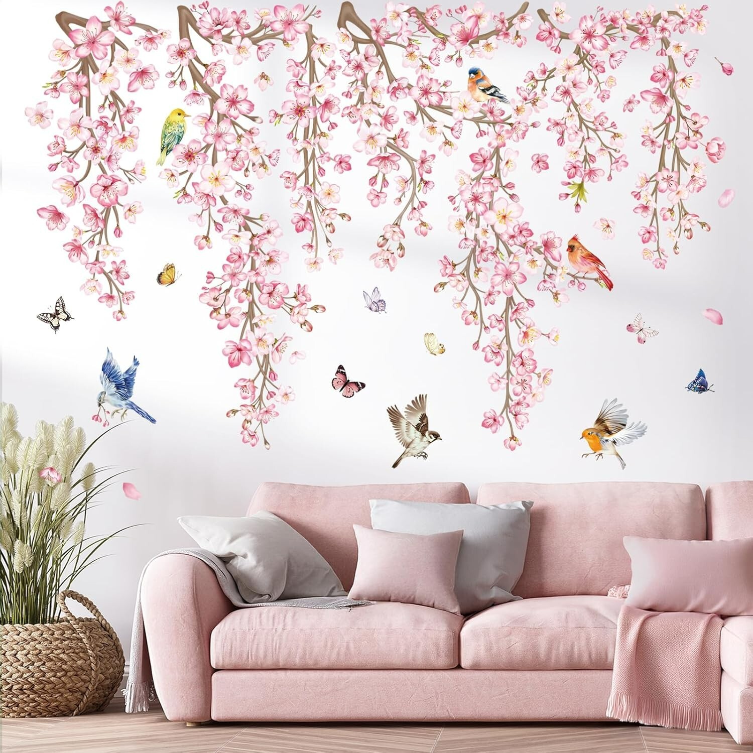 wondever Cherry Blossom Flower Vine Wall Stickers Pink Hanging Floral Tree Br…