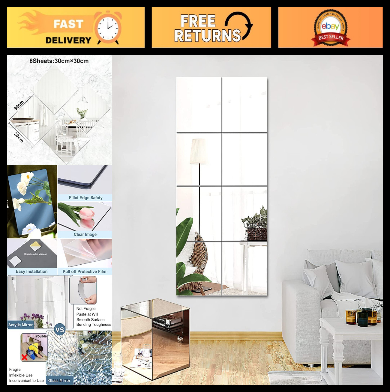 8 Pack Self-Adhesive Acrylic Mirror Sheets – Flexible Wall Stickers, 2MM Thick