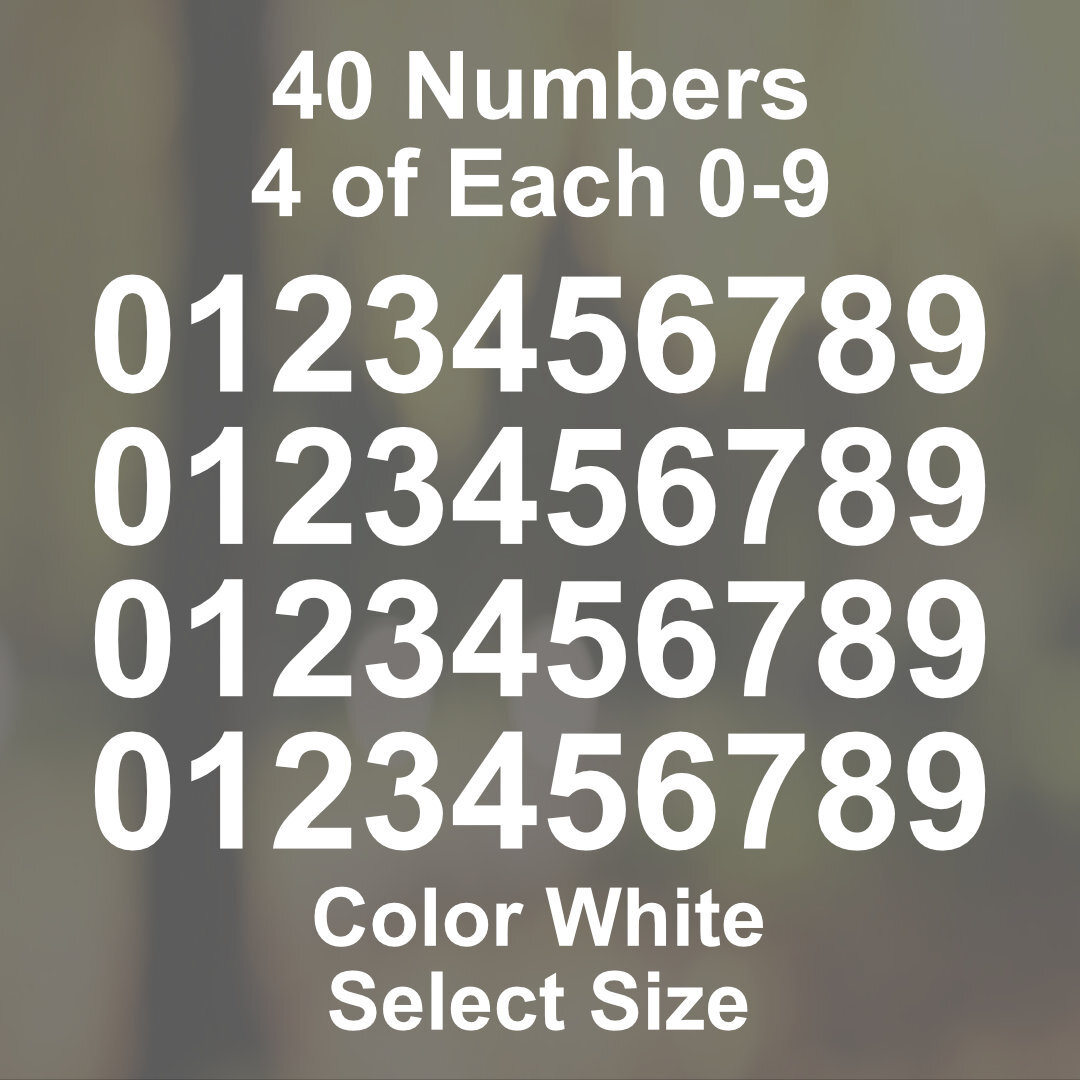 0 – 9 Number Decals Color: White – Select Size – 40 Stickers 4 of Each Number
