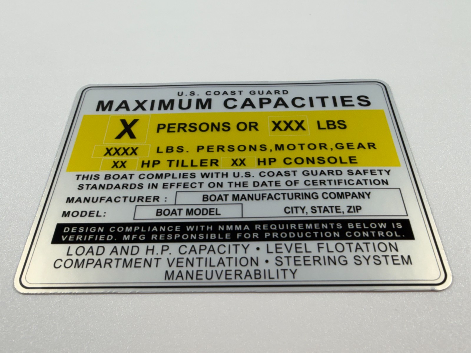 Custom Boat Capacity Plate Replacement Decal USCG NMMA Tag Sticker Silver 4×3
