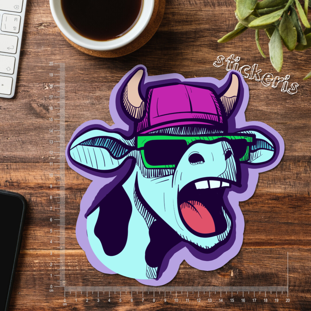 2x Graffiti cow with sunglasses and a hip hop hat screaming sticker 2-12″