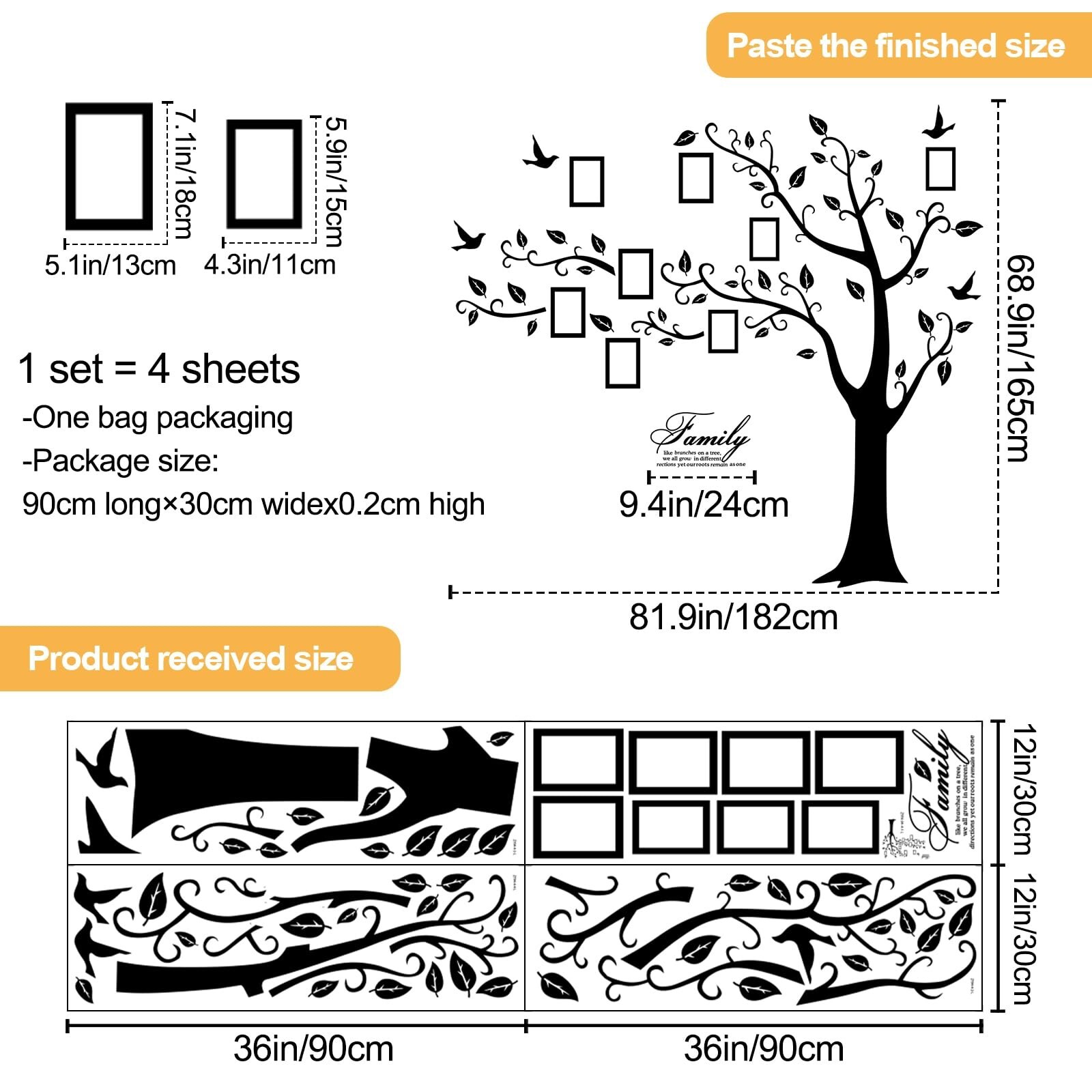 Large Family Photo Tree Wall Sticker 3D Peel and Stick Vinyl Photo Frame Tree…