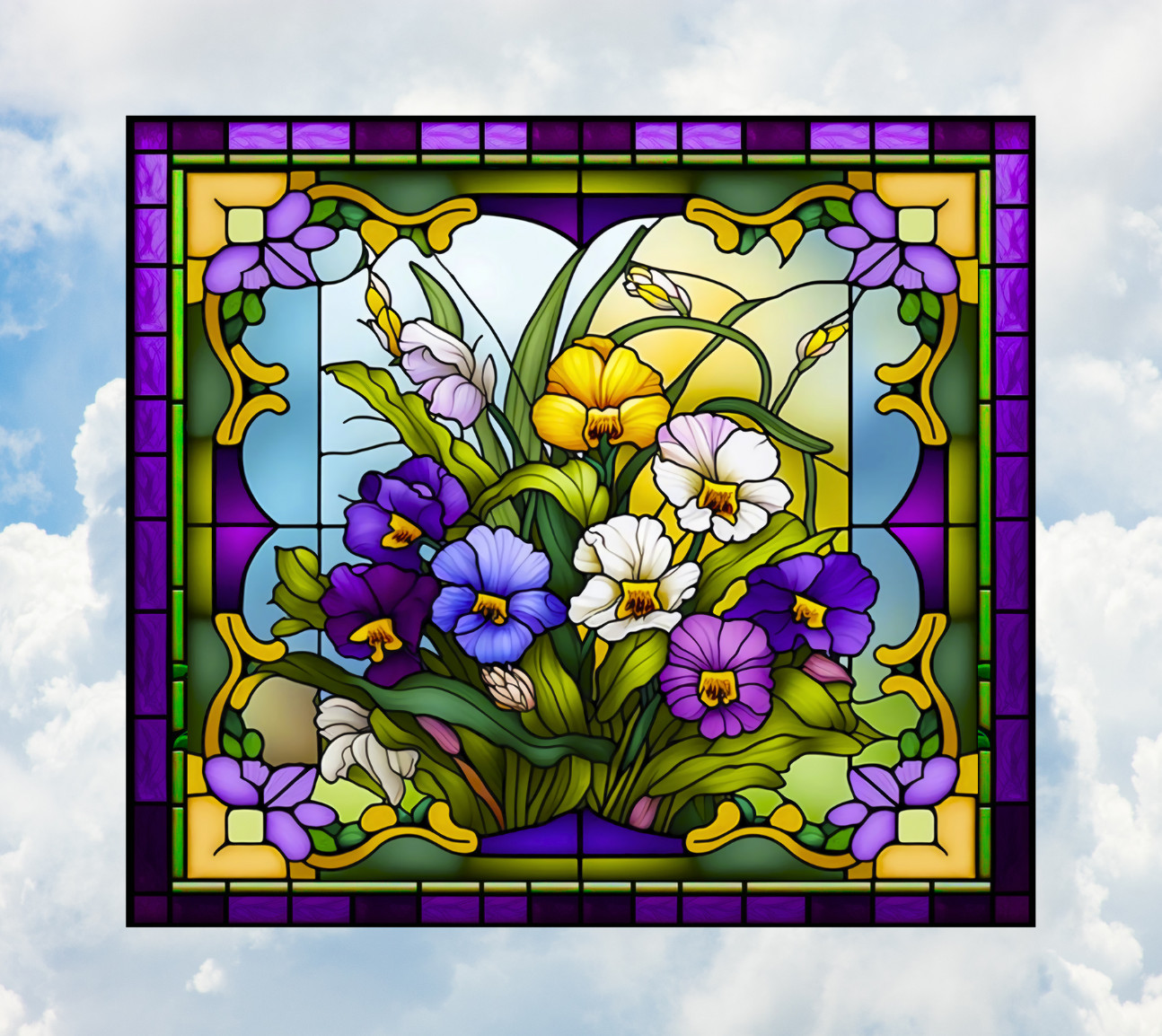Pansies Faux Stained-Glass WINDOW CLING Size 9″ Vinyl