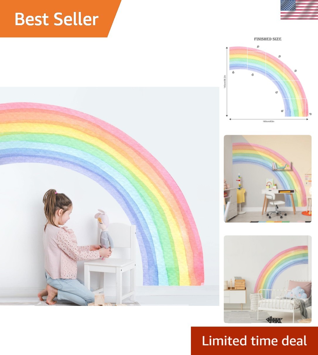 55″x63″ Large Rainbow Wall Stickers, Mural Watercolor Half Rainbow Wall Decal…
