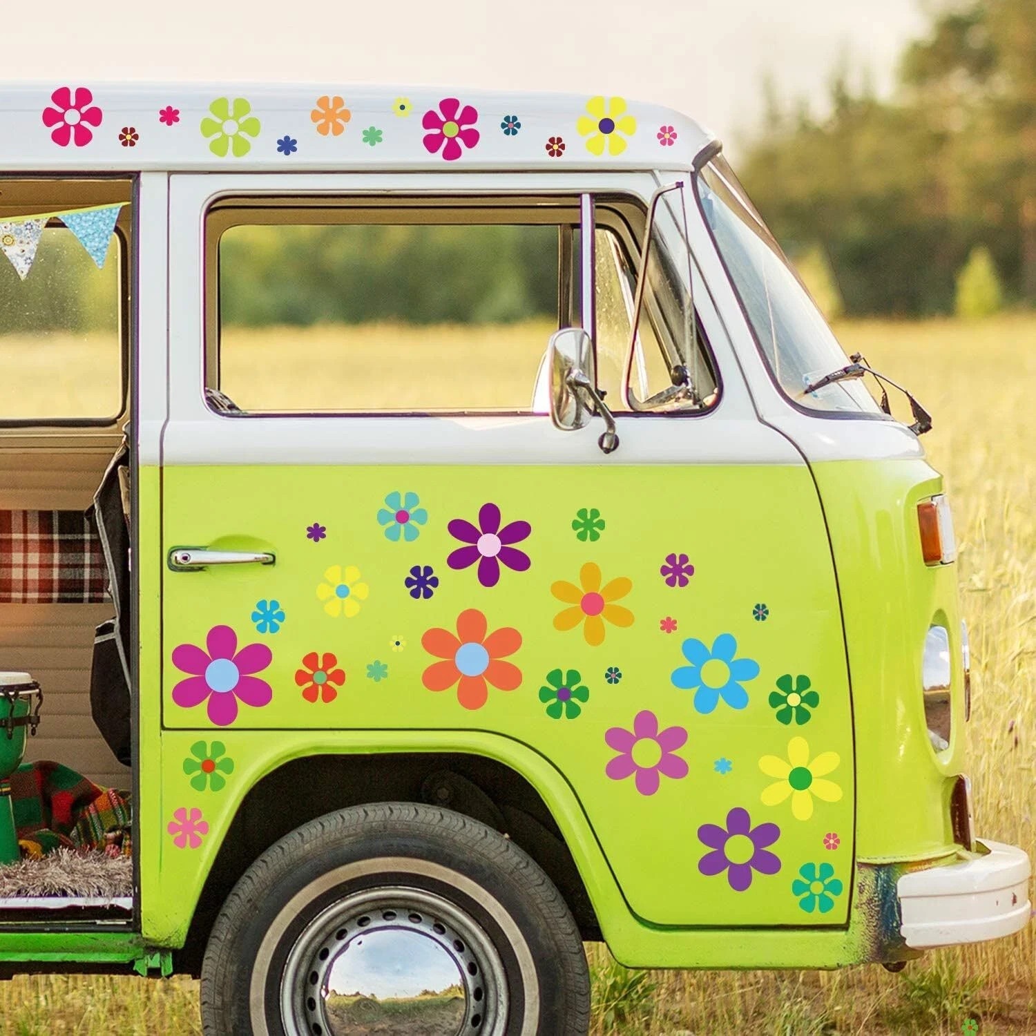 Zonon 96 Pieces Flower Car Decals Window Clings 60s 70s Hippie Multicolored