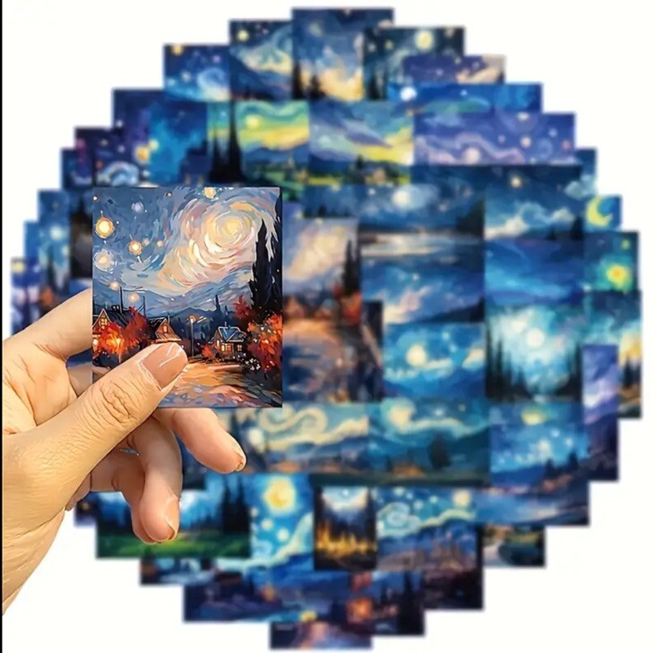 Van Gogh Starry Night Oil Painting Stickers 50pcs Crafts, Laptop, Scrapbooking