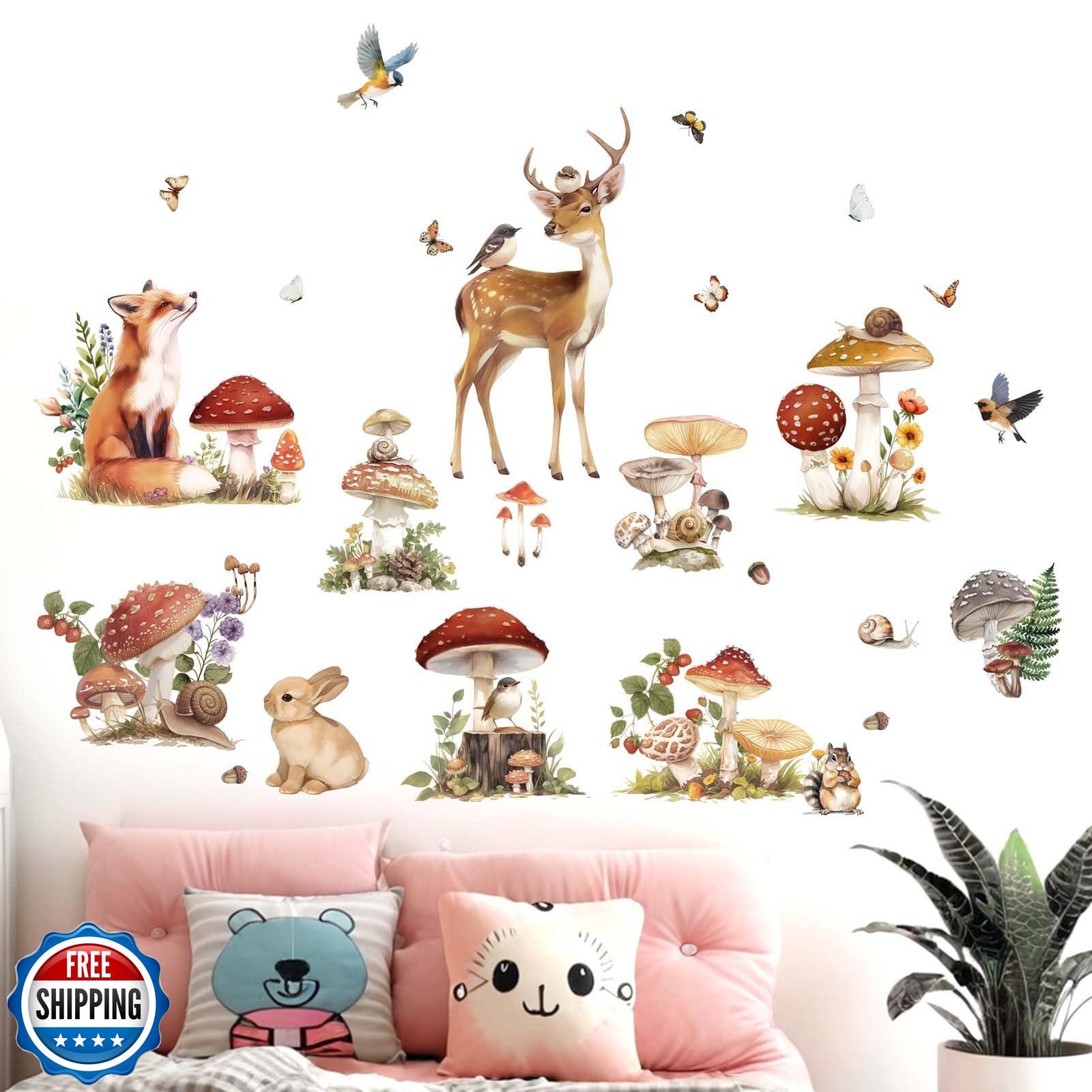Amimagen Woodland Animal Wall Decals – Mushroom Deer Fox Rabbit Forest Wall S