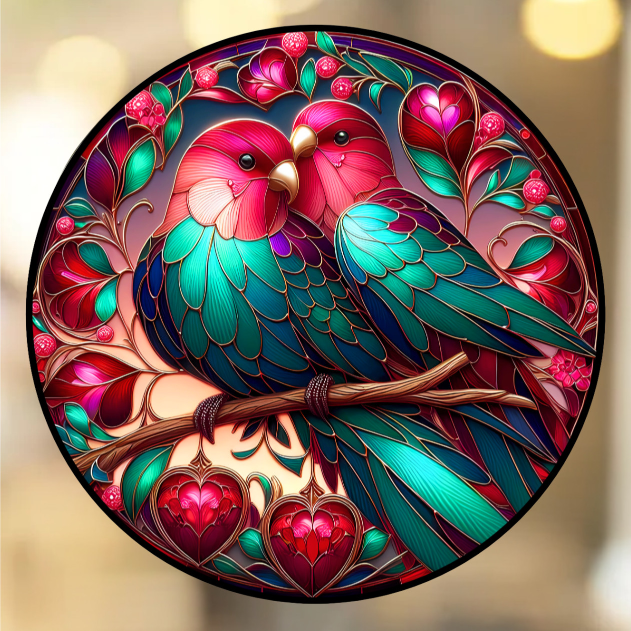 Love Birds Faux Stained-Glass Valentine WINDOW CLING Suncatcher Size 8″