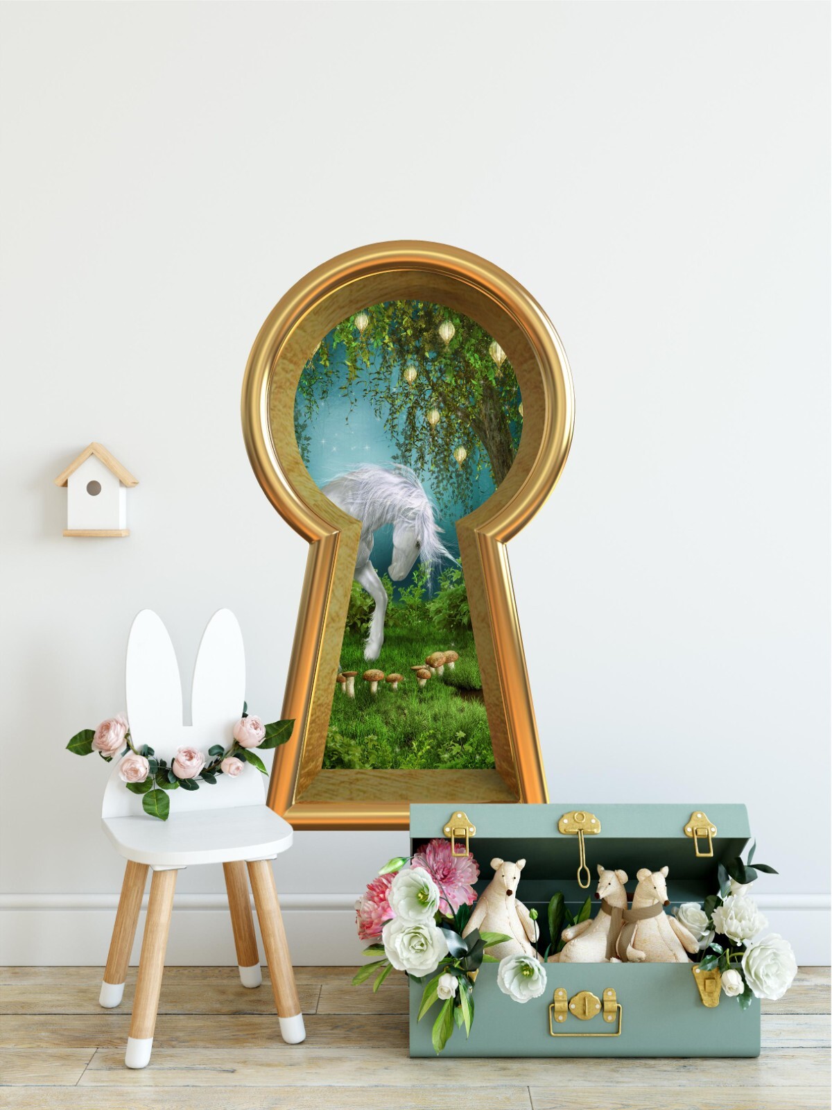 Unicorn In Enchanted Forest Keyhole Wall Decal Fabric Peel & Stick Wall Sticker