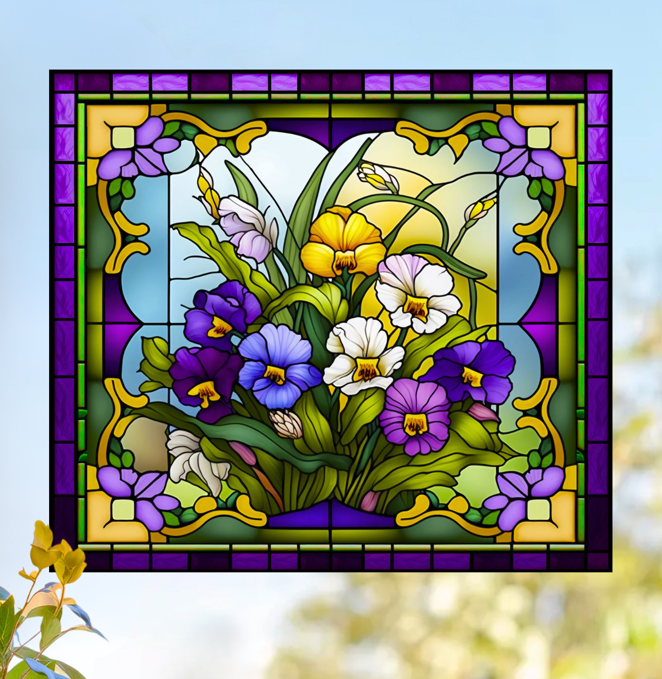 Pansies Faux Stained-Glass WINDOW CLING Size 9″ Vinyl