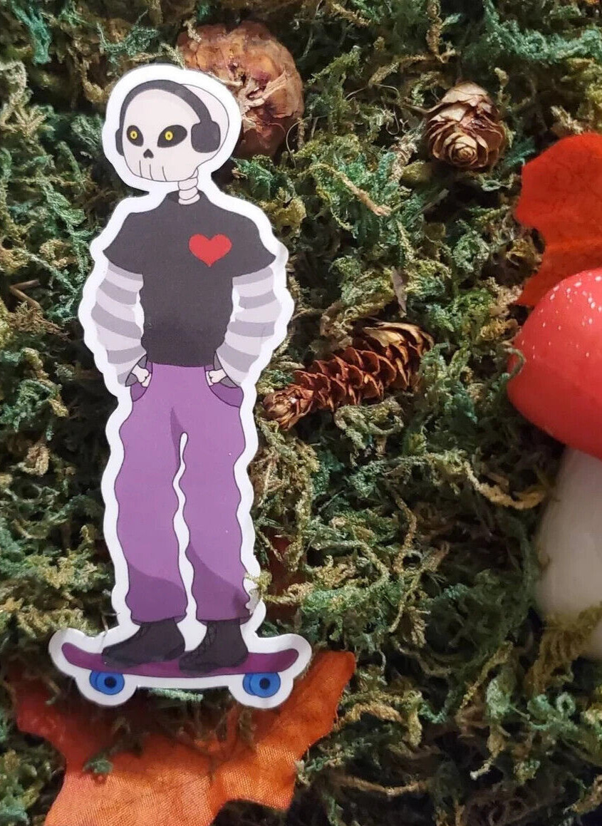 Handmade «Felix the Skateboarding Skeleton» die cut sticker. See description!